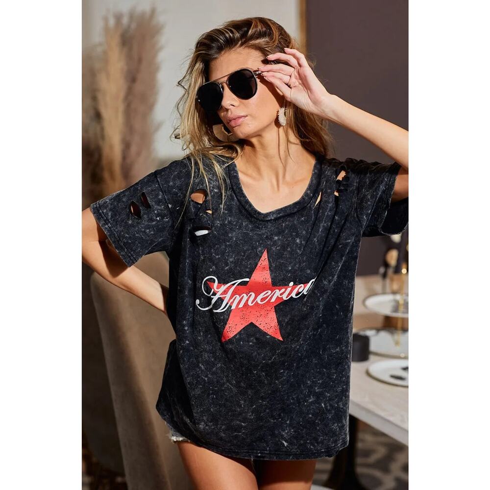 BiBi Laser Cut Mineral Washed American Print Short Sleeves Top | Black Charcoal - Picture 3 of 9
